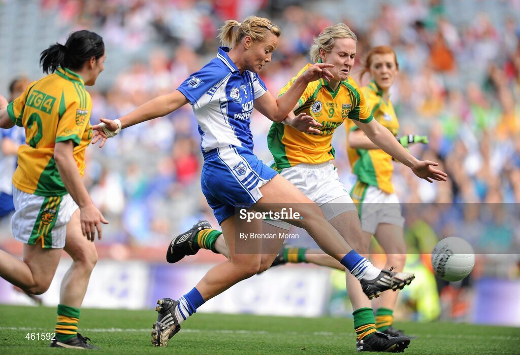 26 September 2010; Grainne Enright, Waterford, in action against Karen Guthrie, Donegal. TG4 All-Ireland Intermediate Ladies Football Championship Final, Donegal v Waterford, Croke Park, Dublin. Picture credit: Brendan Moran / SPORTSFILE