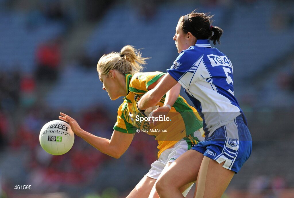 26 September 2010; Yvonne McMonagle, Donegal, in action against Louise Ryan, Waterford. TG4 All-Ireland Intermediate Ladies Football Championship Final, Donegal v Waterford, Croke Park, Dublin. Picture credit: Ray McManus / SPORTSFILE
