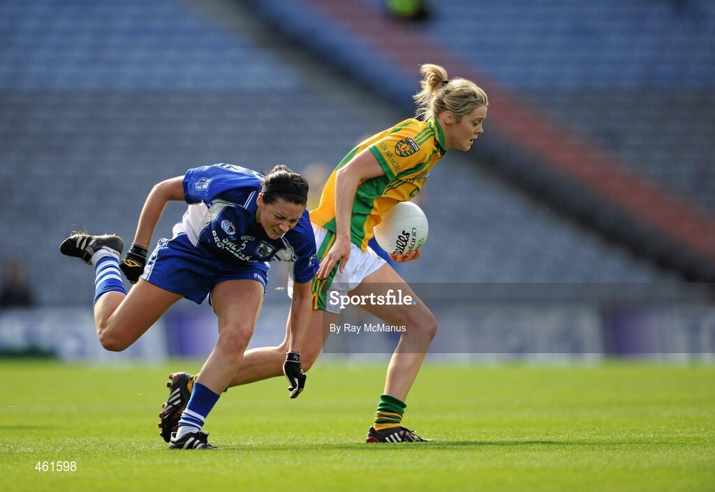 26 September 2010; Yvonne McMonagle, Donegal, in action against Louise Ryan, Waterford. TG4 All-Ireland Intermediate Ladies Football Championship Final, Donegal v Waterford, Croke Park, Dublin. Picture credit: Ray McManus / SPORTSFILE