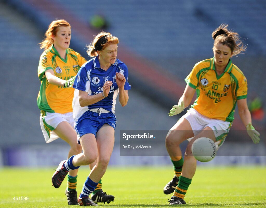 26 September 2010; Deirdre Foley, left, and Grainne Houston, Donegal, in action against Grainne Kenneally, Waterford. TG4 All-Ireland Intermediate Ladies Football Championship Final, Donegal v Waterford, Croke Park, Dublin. Picture credit: Ray McManus / SPORTSFILE