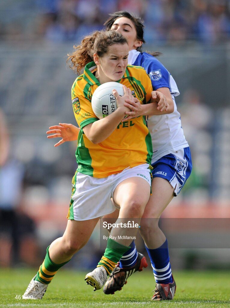 26 September 2010; Geraldine McLaughlin, Donegal, in action against Louise Ryan, Waterford. TG4 All-Ireland Intermediate Ladies Football Championship Final, Donegal v Waterford, Croke Park, Dublin. Picture credit: Ray McManus / SPORTSFILE