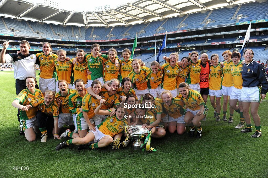 26 September 2010; The Donegal team celebrate with the cup after the game. TG4 All-Ireland Intermediate Ladies Football Championship Final, Donegal v Waterford, Croke Park, Dublin. Picture credit: Brendan Moran / SPORTSFILE