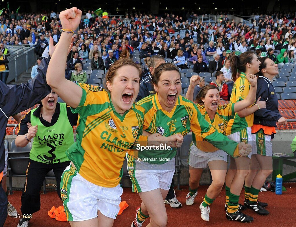 26 September 2010; Donegal players Olive McCafferty, 3, and Niamh Mailey celebrate at the final whistle. TG4 All-Ireland Intermediate Ladies Football Championship Final, Donegal v Waterford, Croke Park, Dublin. Picture credit: Brendan Moran / SPORTSFILE