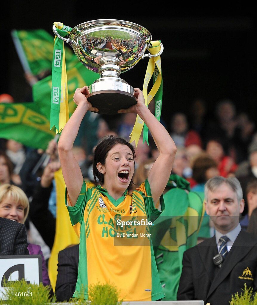 26 September 2010; Donegal captain Aoife McDonnell lifts the cup after the game. TG4 All-Ireland Intermediate Ladies Football Championship Final, Donegal v Waterford, Croke Park, Dublin. Picture credit: Brendan Moran / SPORTSFILE