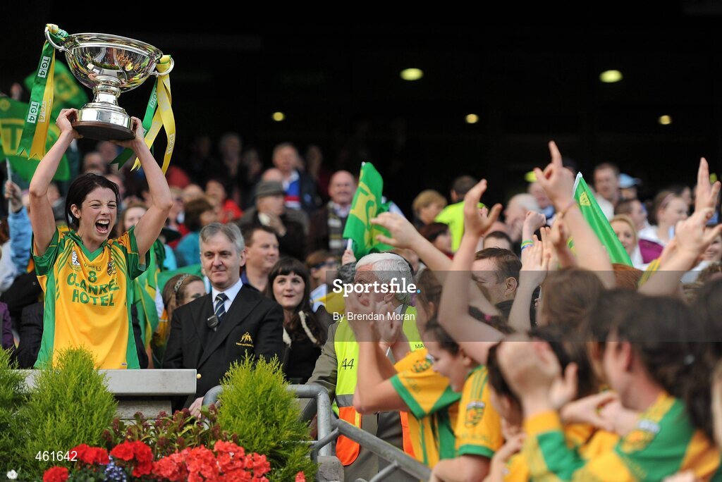 26 September 2010; Donegal captain Aoife McDonnell lifts the cup after the game. TG4 All-Ireland Intermediate Ladies Football Championship Final, Donegal v Waterford, Croke Park, Dublin. Picture credit: Brendan Moran / SPORTSFILE