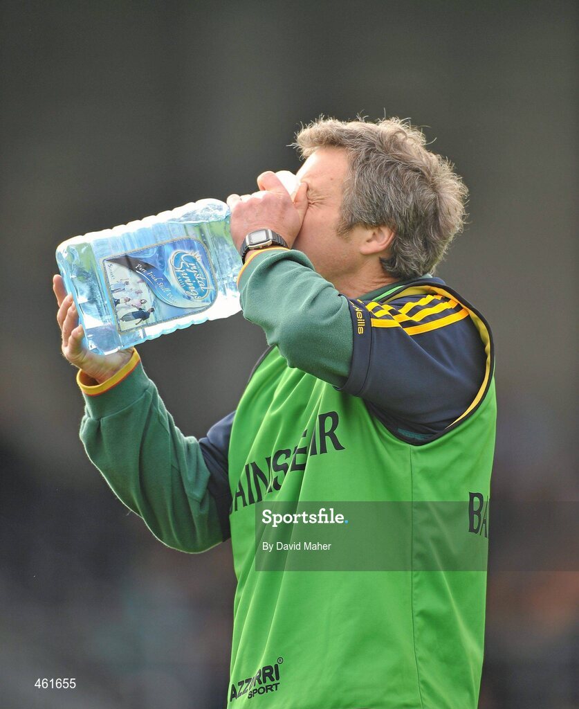 26 September 2010; Tourlestranes manager Neil Egan takes a drink before the start of the game. Sligo County Senior Football Championship Final, Eastern Harps v Tourlestrane, Markievicz Park, Sligo. Picture credit: David Maher / SPORTSFILE