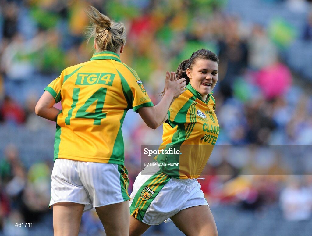 26 September 2010; Niamh Hegarty, right, Donegal, congratulates team-mate Yvonne McMonagle on scoring their side's first goal. TG4 All-Ireland Intermediate Ladies Football Championship Final, Donegal v Waterford, Croke Park, Dublin. Picture credit: Brendan Moran / SPORTSFILE