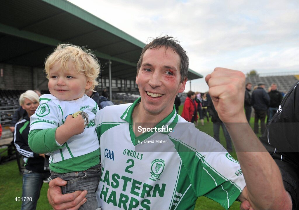 26 September 2010; Eastern Harps captain Shane King and his 2 year old son Ben celebrate after the game. Sligo County Senior Football Championship Final, Eastern Harps v Tourlestrane, Markievicz Park, Sligo. Picture credit: David Maher / SPORTSFILE