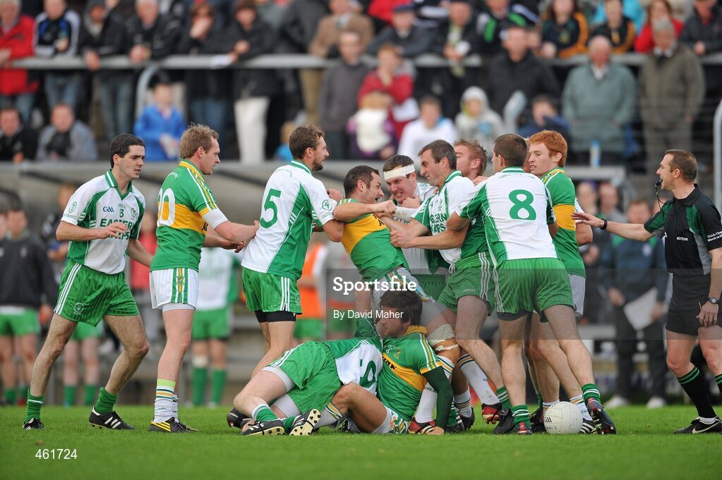 26 September 2010; Players from both sides confront each other during the game. Sligo County Senior Football Championship Final, Eastern Harps v Tourlestrane, Markievicz Park, Sligo. Picture credit: David Maher / SPORTSFILE