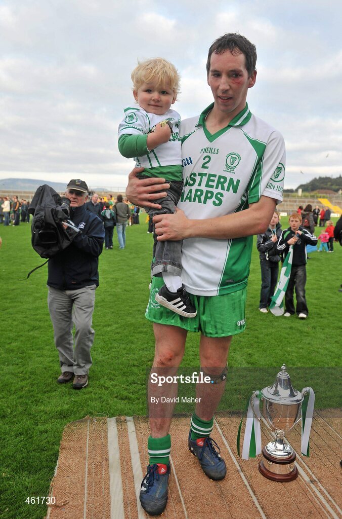 26 September 2010; Eastern Harps captain Shane King and his 2 year old son Ben celebrate after the game. Sligo County Senior Football Championship Final, Eastern Harps v Tourlestrane, Markievicz Park, Sligo. Picture credit: David Maher / SPORTSFILE