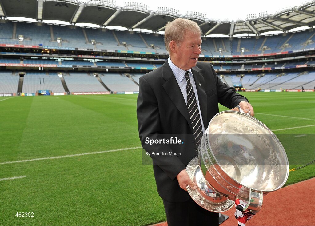 19 September 2010; RTE Gaelic Games Commentator Michéal O Muircheartaigh with the Sam Maguire Cup before commentating on his last All-Ireland Senior Championship Final after a career lasting 62 years. His first broadcast was the Railway Cup Final on St Patrick's Day 1949. GAA Football All-Ireland Senior Championship Final, Down v Cork, Croke Park, Dublin. Picture credit: Brendan Moran / SPORTSFILE