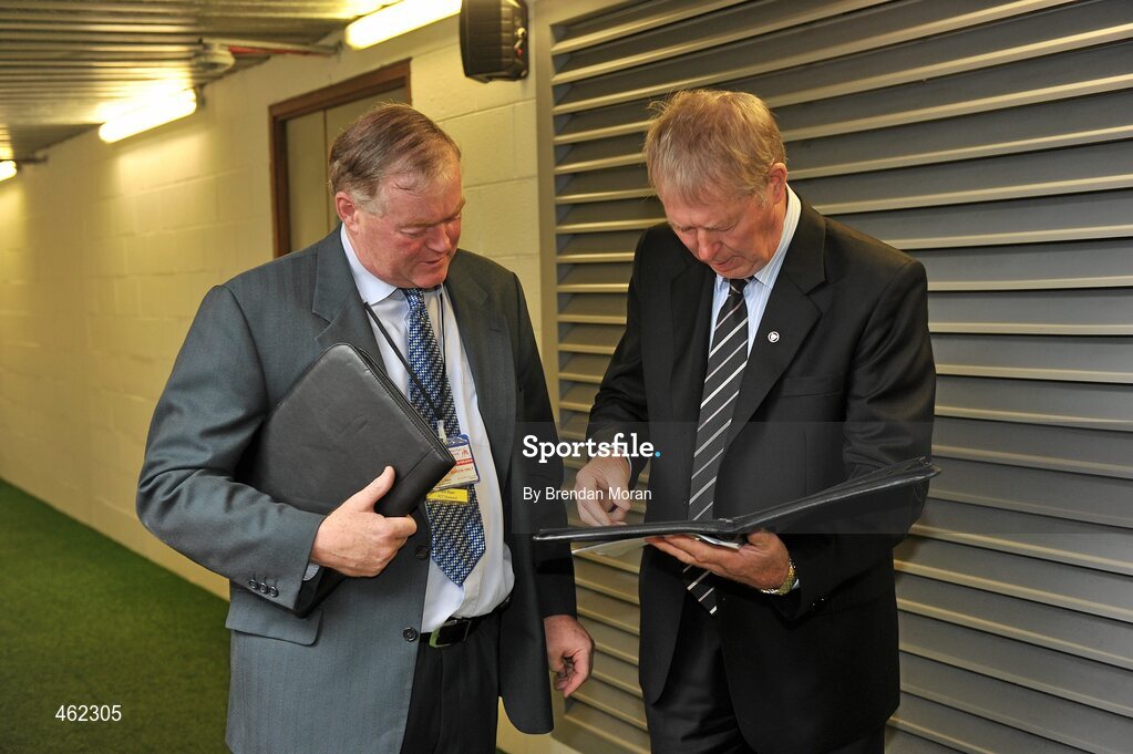 19 September 2010; RTE Gaelic Games Commentator Michéal O Muircheartaigh checks the Clár an Lae with Croke Park steward Tom Ryan before commentating on his last All-Ireland Senior Championship Final after a career lasting 62 years. His first broadcast was the Railway Cup Final on St Patrick's Day 1949. GAA Football All-Ireland Senior Championship Final, Down v Cork, Croke Park, Dublin. Picture credit: Brendan Moran / SPORTSFILE
