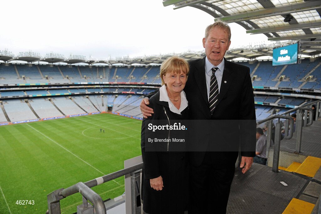 19 September 2010; RTE Gaelic Games Commentator Michéal O Muircheartaigh with his wife Helena after commentating on his last All-Ireland Senior Championship Final after a career lasting 62 years. His first broadcast was the Railway Cup Final on St Patrick's Day 1949. GAA Football All-Ireland Senior Championship Final, Down v Cork, Croke Park, Dublin. Picture credit: Brendan Moran / SPORTSFILE