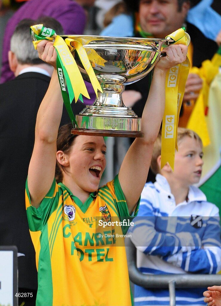 26 September 2010; Theresa McCafferty, Donegal, lifts the Mary Quinn Memorial Cup TG4 All-Ireland Intermediate Ladies Football Championship Final, Donegal v Waterford, Croke Park, Dublin. Picture credit: Dáire Brennan / SPORTSFILE