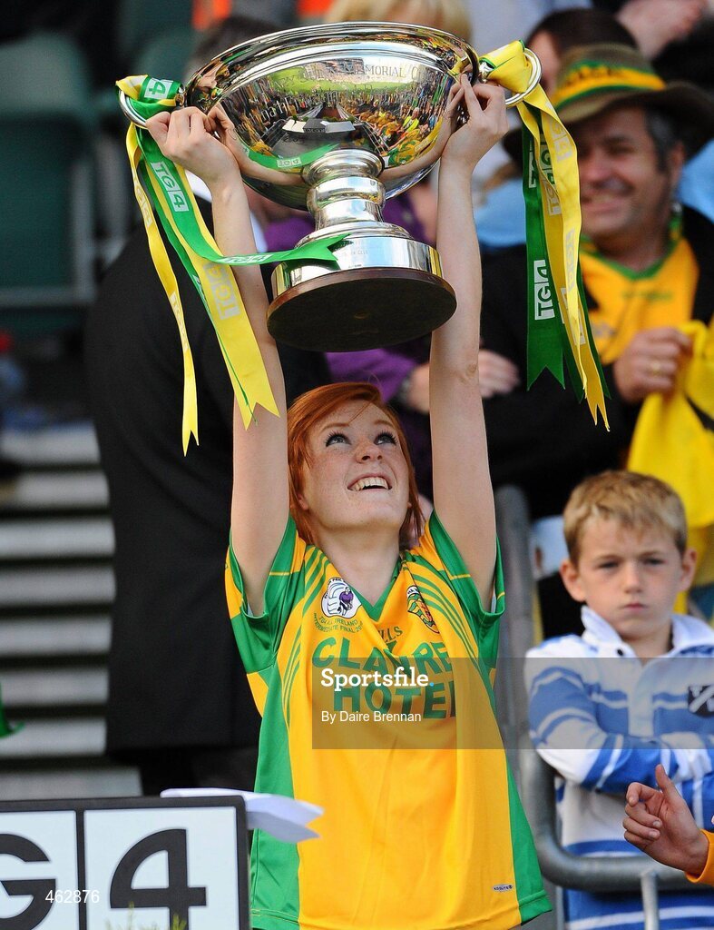 26 September 2010; Deirdre Foley, Donegal, lifts the Mary Quinn Memorial Cup TG4 All-Ireland Intermediate Ladies Football Championship Final, Donegal v Waterford, Croke Park, Dublin. Picture credit: Dáire Brennan / SPORTSFILE