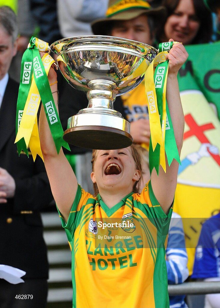26 September 2010; Olive McCafferty, Donegal, lifts the Mary Quinn Memorial Cup TG4 All-Ireland Intermediate Ladies Football Championship Final, Donegal v Waterford, Croke Park, Dublin. Picture credit: Dáire Brennan / SPORTSFILE