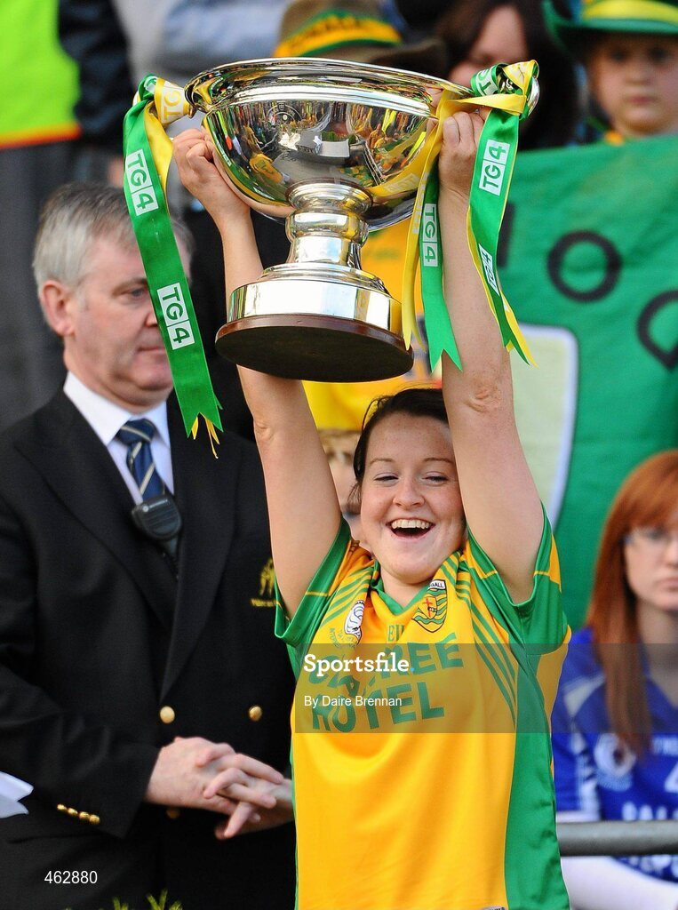 26 September 2010; Bridget Gallagher, Donegal, lifts the Mary Quinn Memorial Cup TG4 All-Ireland Intermediate Ladies Football Championship Final, Donegal v Waterford, Croke Park, Dublin. Picture credit: Dáire Brennan / SPORTSFILE