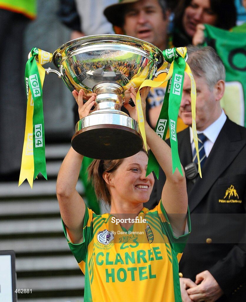 26 September 2010; Patrice Rooney of Donegal, lifts the Mary Quinn Memorial Cup after their sides victory in the TG4 All-Ireland Intermediate Ladies Football Championship Final match between Donegal and Waterford at Croke Park, Dublin. Photo by Dáire Brennan/Sportsfile
