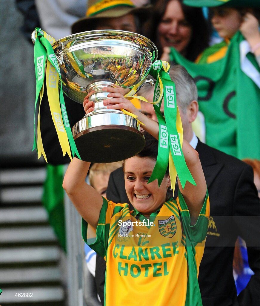 26 September 2010; Karen Feeney, Donegal, lifts the Mary Quinn Memorial Cup TG4 All-Ireland Intermediate Ladies Football Championship Final, Donegal v Waterford, Croke Park, Dublin. Picture credit: Dáire Brennan / SPORTSFILE