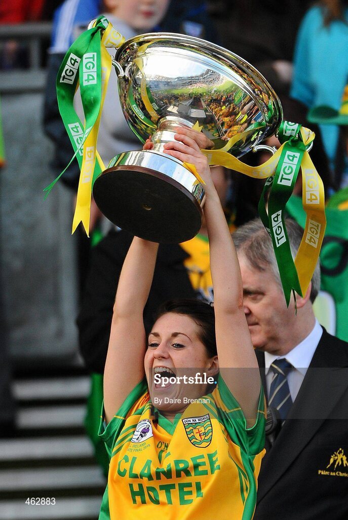 26 September 2010; Karen Feeney, Donegal, lifts the Mary Quinn Memorial Cup TG4 All-Ireland Intermediate Ladies Football Championship Final, Donegal v Waterford, Croke Park, Dublin. Picture credit: Dáire Brennan / SPORTSFILE