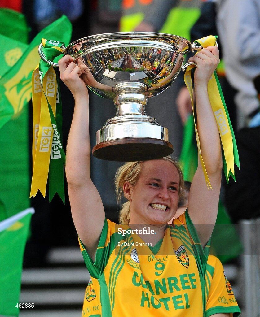 26 September 2010; Karen Guthrie, Donegal, lifts the Mary Quinn Memorial Cup TG4 All-Ireland Intermediate Ladies Football Championship Final, Donegal v Waterford, Croke Park, Dublin. Picture credit: Dáire Brennan / SPORTSFILE