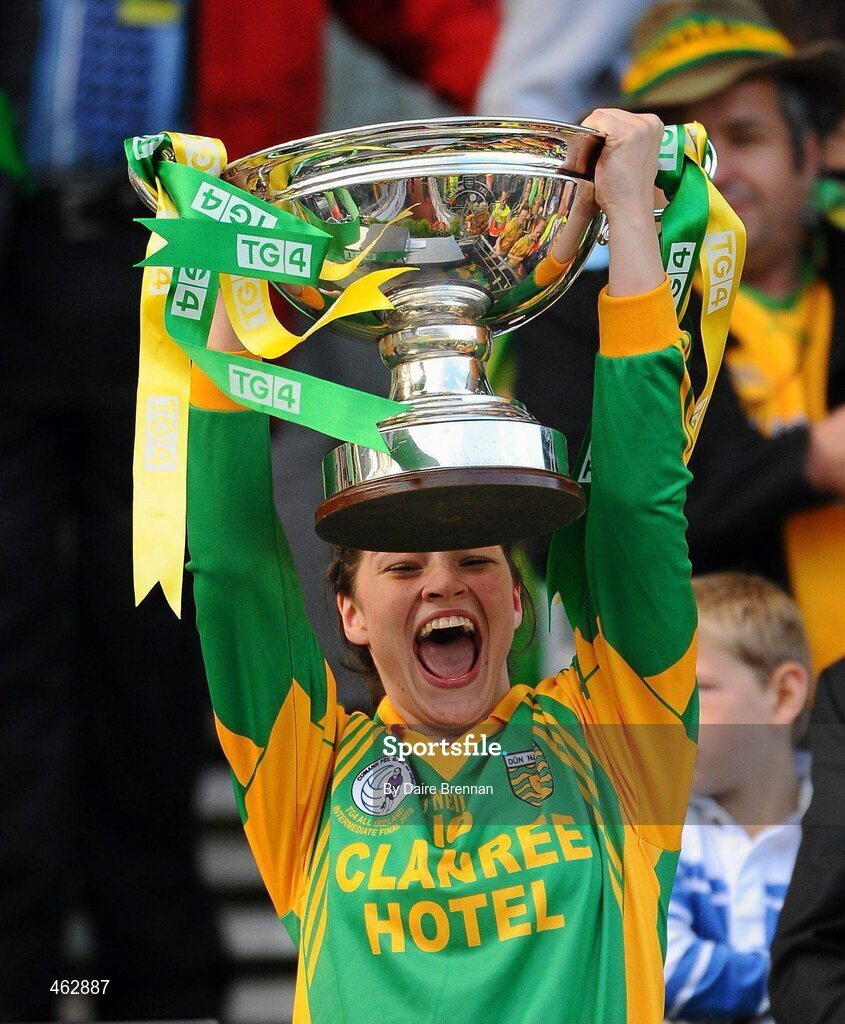 26 September 2010; Niamh Mailey, Donegal, lifts the Mary Quinn Memorial Cup TG4 All-Ireland Intermediate Ladies Football Championship Final, Donegal v Waterford, Croke Park, Dublin. Picture credit: Dáire Brennan / SPORTSFILE