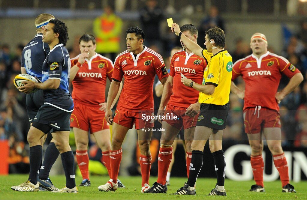 2 October 2010; Lifeimi Mafi, Munster, is shown a yellow card by referee Jerome Garces. Celtic League, Leinster v Munster, Aviva Stadium, Lansdowne Road, Dublin. Photo by Sportsfile