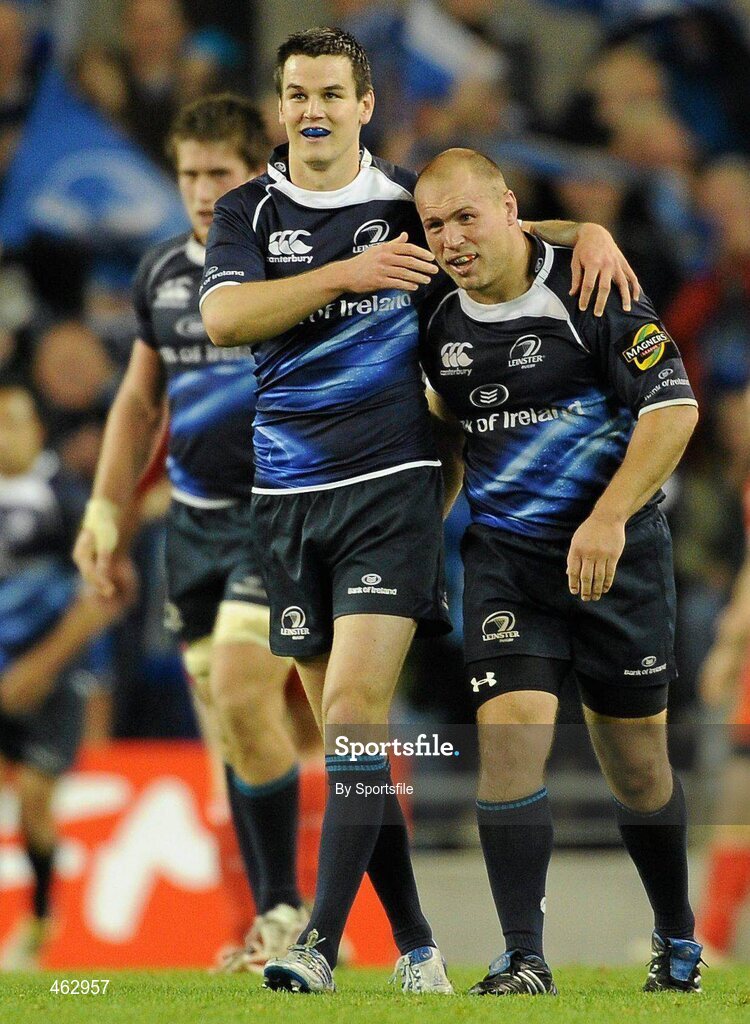 2 October 2010; Jonathan Sexton and Richardt Strauss, Leinster, celebrate after Brian O'Driscoll scored their side's first try. Celtic League, Leinster v Munster, Aviva Stadium, Lansdowne Road, Dublin. Photo by Sportsfile