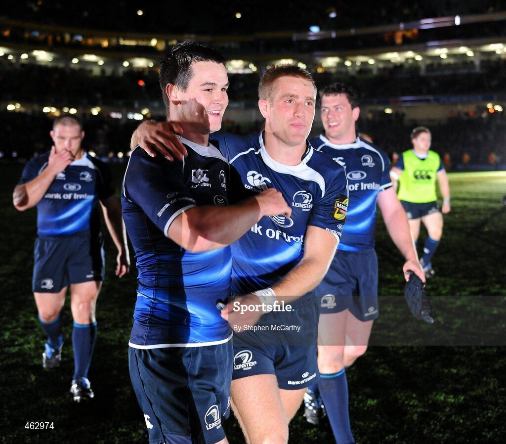 2 October 2010; Jonathan Sexton, left, and Luke Fitzgerald, Leinster, celebrate their side's victory after the game. Celtic League, Leinster v Munster, Aviva Stadium, Lansdowne Road, Dublin. Picture credit: Stephen McCarthy / SPORTSFILE