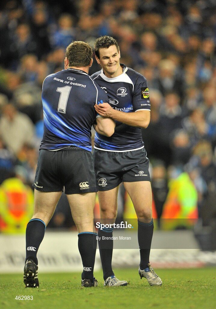 2 October 2010; Leinster's Jonathan Sexton and Cian Healy celebrate after the game. Celtic League, Leinster v Munster, Aviva Stadium, Lansdowne Road, Dublin. Picture credit: Brendan Moran / SPORTSFILE
