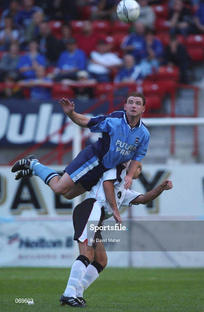 7 August 2001; Brendan Markey of Dublin City in action against Wayne Brown of Ipswich Town during the Pre-Season Friendly match between Dublin City and Ipswich Town at Tolka Park in Dublin. Photo by David Maher/Sportsfile