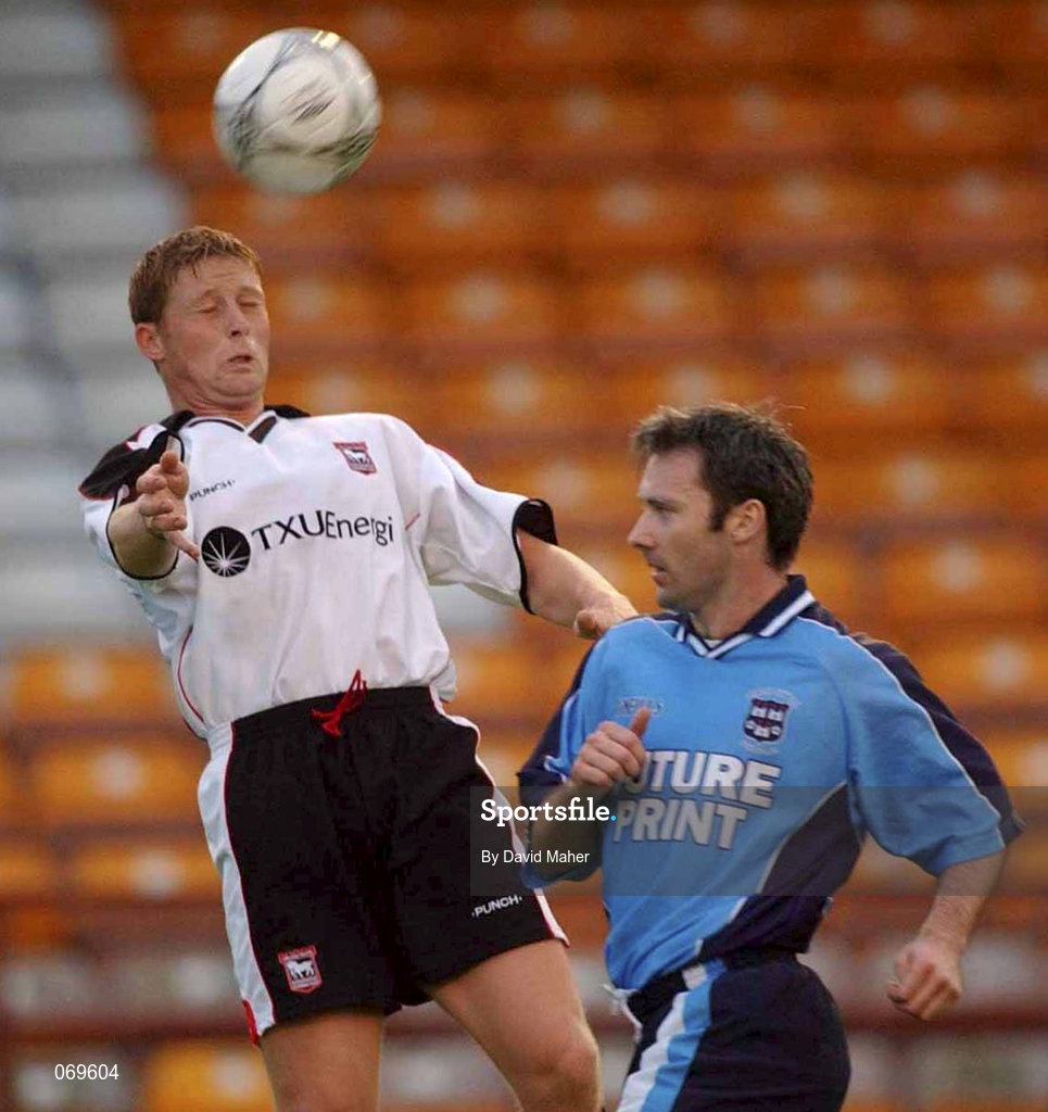 7 August 2001; Alan Armstrong of Ipswich Town in action against Ray McLoughlin of Dublin City during the Pre-Season Friendly match between Dublin City and Ipswich Town at Tolka Park in Dublin. Photo by David Maher/Sportsfile