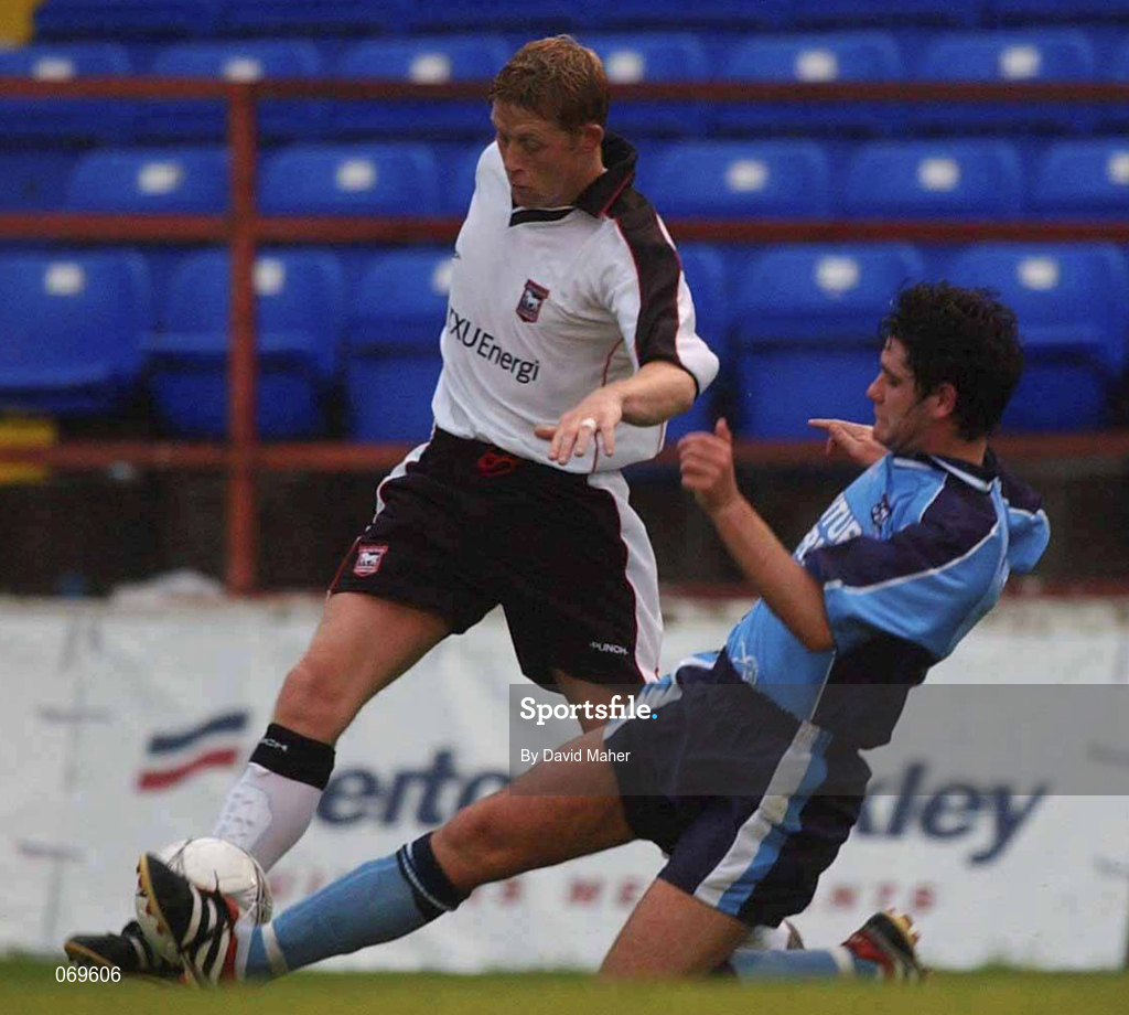 7 August 2001; Alan Armstrong of Ipswich Town is tackled by Thomas McAuley of Dublin City during the Pre-Season Friendly match between Dublin City and Ipswich Town at Tolka Park in Dublin. Photo by David Maher/Sportsfile
