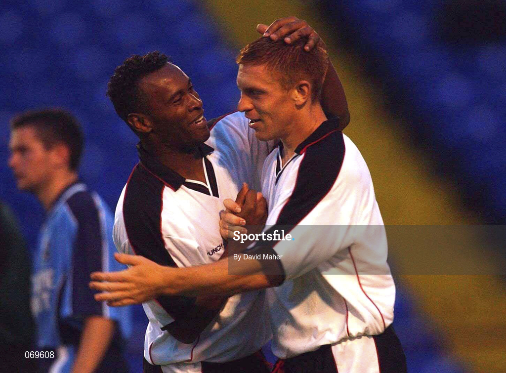 7 August 2001; Richard Naylor of Ipswich Town celebrates with team-mate Fabian Wilnes after scoring the third goal of his hat trick during the Pre-Season Friendly match between Dublin City and Ipswich Town at Tolka Park in Dublin. Photo by David Maher/Sportsfile