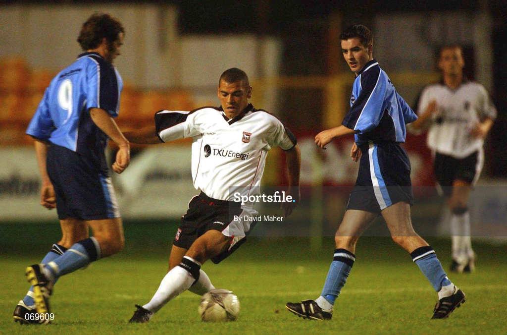 7 August 2001; Jermaine Wright of Ipswich Town in action against Tony Sheridan of Dublin City during the Pre-Season Friendly match between Dublin City and Ipswich Town at Tolka Park in Dublin. Photo by David Maher/Sportsfile