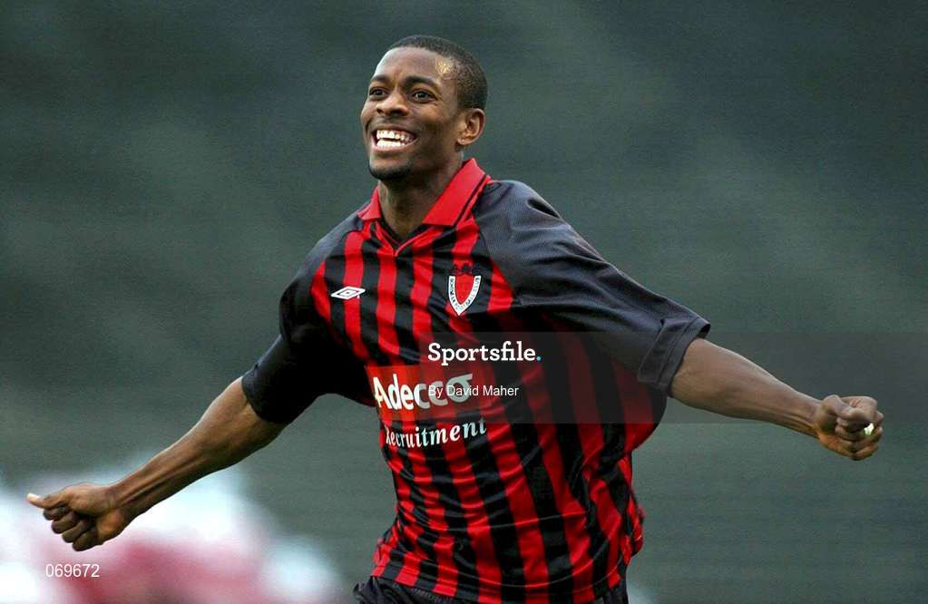 10 August 2001; Avery John of Bohemians celebrates after scoring his side's first goal during the eircom League Premier Division match between Bohemians and Derry City at Dalymount Park in Dublin. Photo by David Maher/Sportsfile