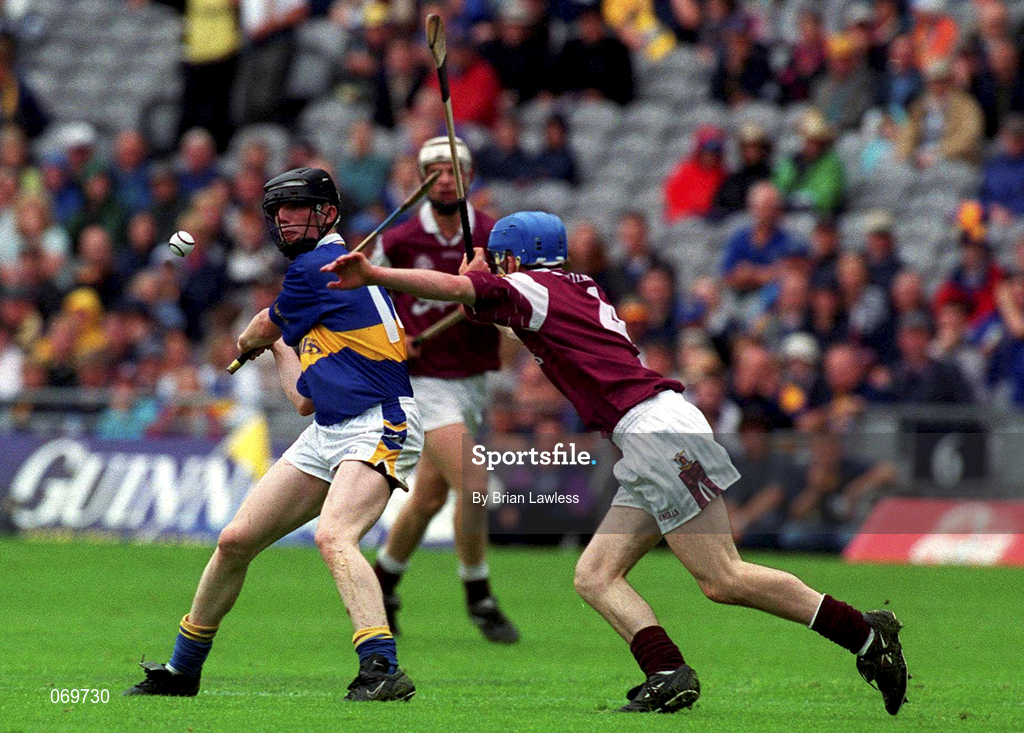 12 August 2001; Francis Devanney of Tipperary in action against Ciaran Finnerty of Galway during the All-Ireland Minor Hurling Championship Semi-Final match between Galway and Tipperary at Croke Park in Dublin. Photo by Brian Lawless/Sportsfile