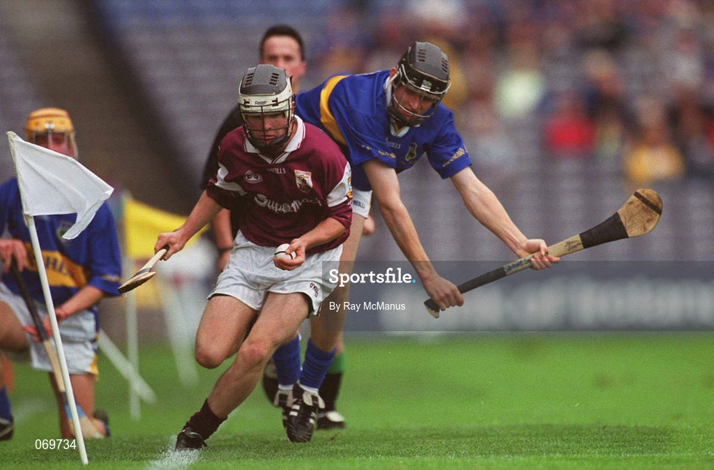 12 August 2001; Brendan Lucas of Galway in action against Shane Sweeney of Tipperary during the All-Ireland Minor Hurling Championship Semi-Final match between Galway and Tipperary at Croke Park in Dublin. Photo by Ray McManus/Sportsfile