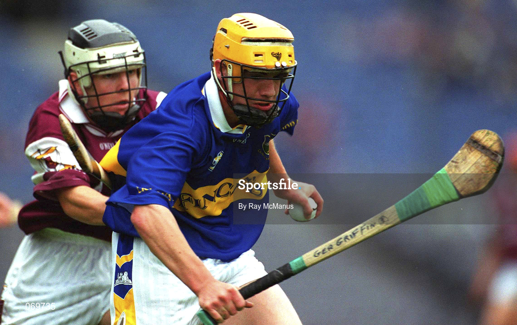 12 August 2001; Ger Griffin of Tipperary in action against Brendan Lucas of Galway during the All-Ireland Minor Hurling Championship Semi-Final match between Galway and Tipperary at Croke Park in Dublin. Photo by Ray McManus/Sportsfile