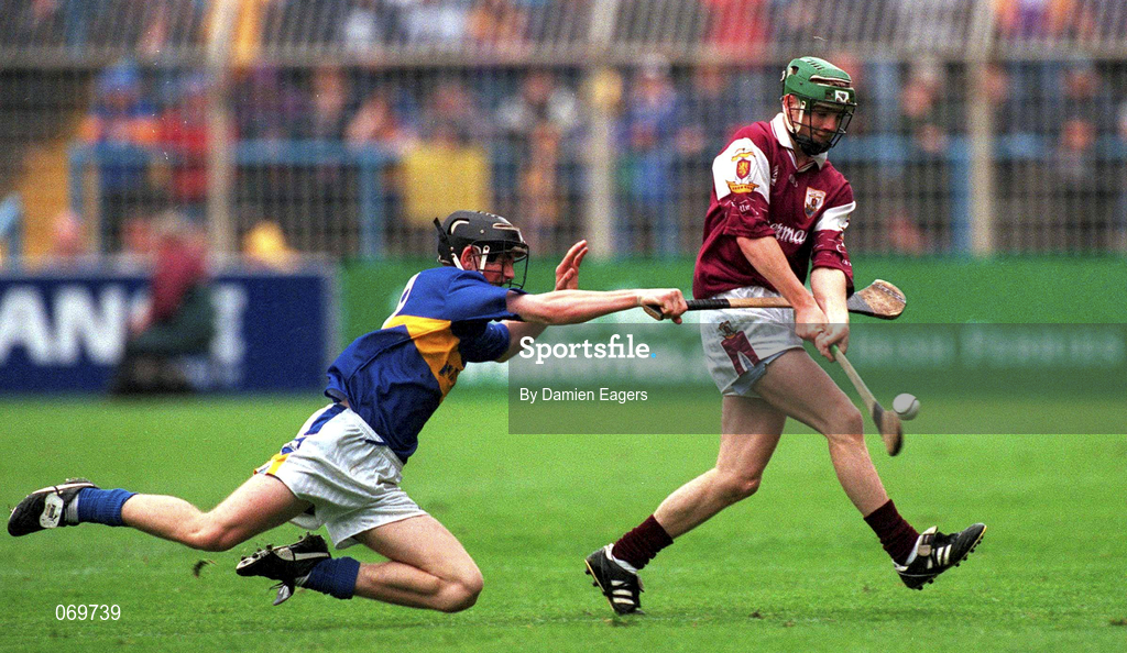 12 August 2001; Adrian Callanan of Galway in action against Conor O'Mahony of Tipperary