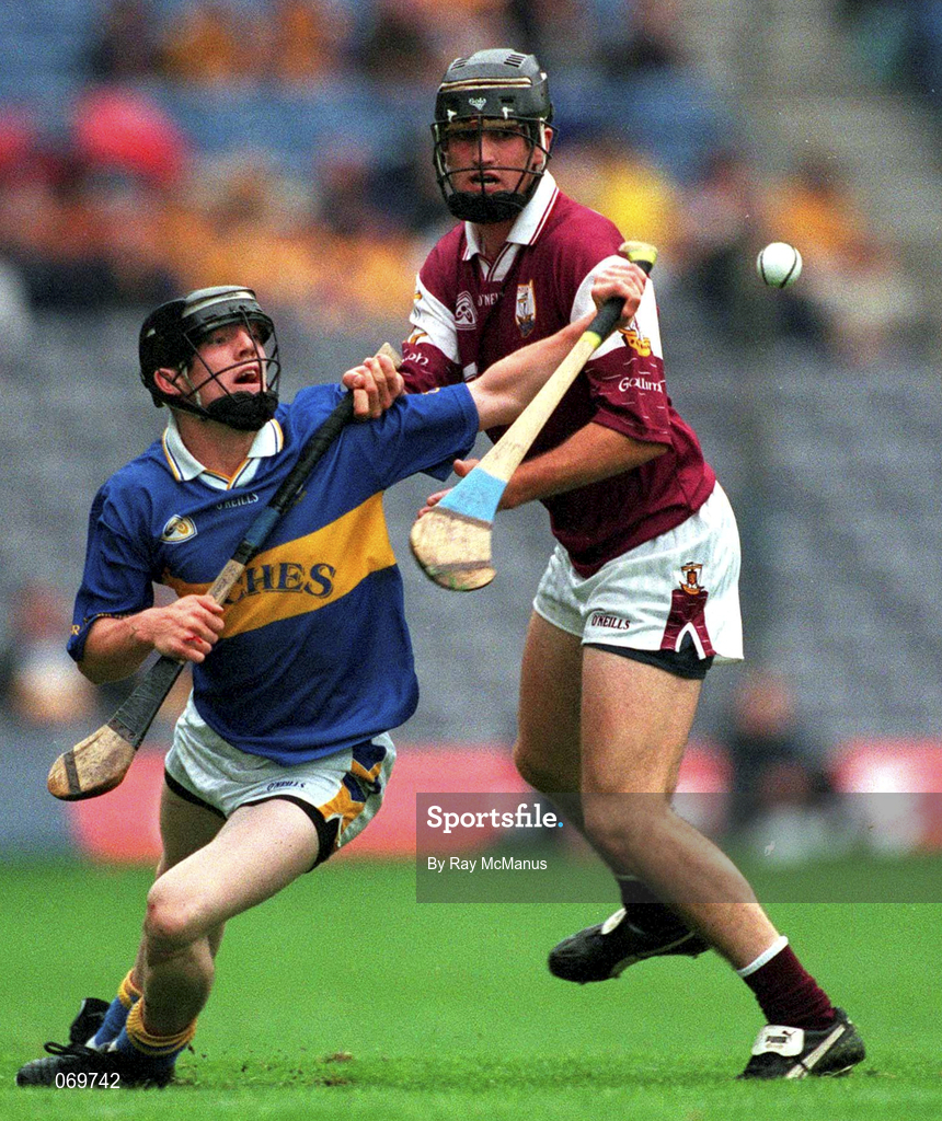 12 August 2001; Francis Devanney of Tipperary in action against Shane Kavanagh of Galway during the All-Ireland Minor Hurling Championship Semi-Final match between Galway and Tipperary at Croke Park in Dublin. Photo by Ray McManus/Sportsfile
