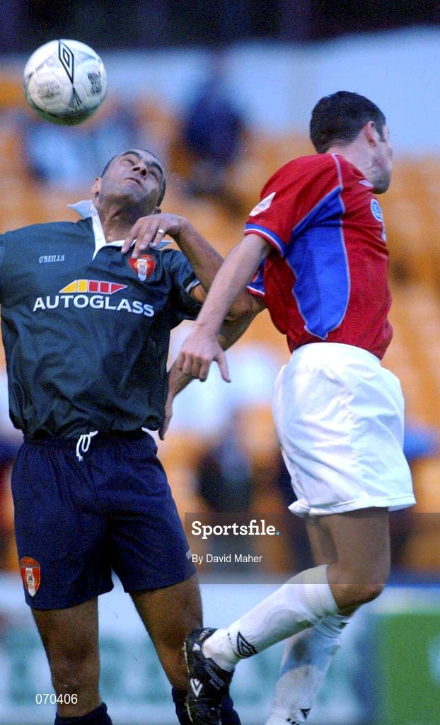 17 August 2001; Paul Osam of St Patrick's Athletic in action against Davy Byrne of Shelbourne during the eircom League Premier Division match between Shelbourne and St Patrick's Athletic at Tolka Park in Dublin. Photo by David Maher/Sportsfile