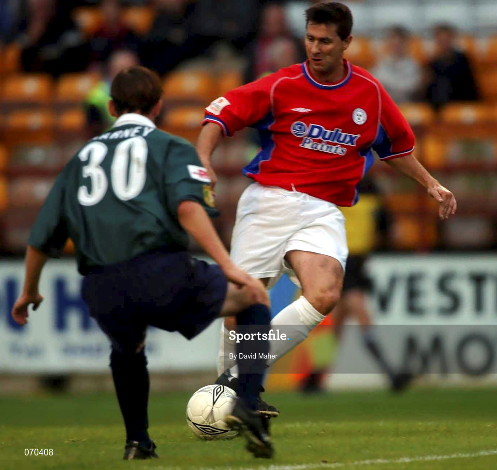 17 August 2001; Brian Byrne of Shelbourne in action against Paul Marney of St Patrick's Athletic during the eircom League Premier Division match between Shelbourne and St Patrick's Athletic at Tolka Park in Dublin. Photo by David Maher/Sportsfile