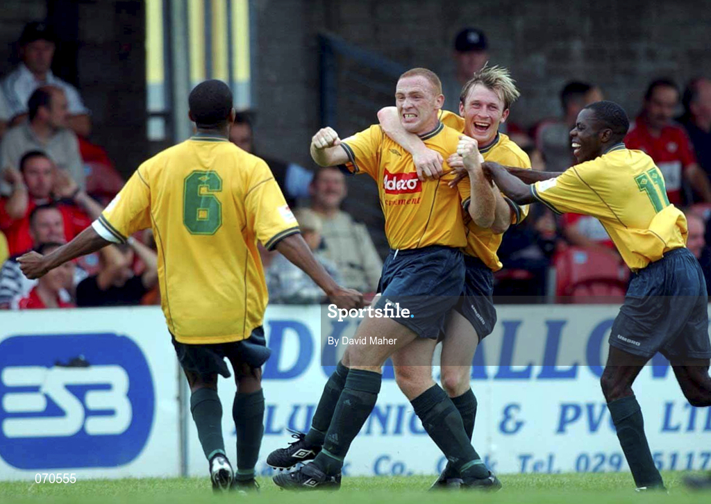 19 August 2001; Glen Crowne of Bohemians, centre, celebrates with team-mates Avery John, Trevor Molloy and Mark Rutherford, after scoring his side's winning goal during the eircom League Premier Division match between Cork City and Bohemians at Turner's Cross in Cork. Photo by David Maher/Sportsfile