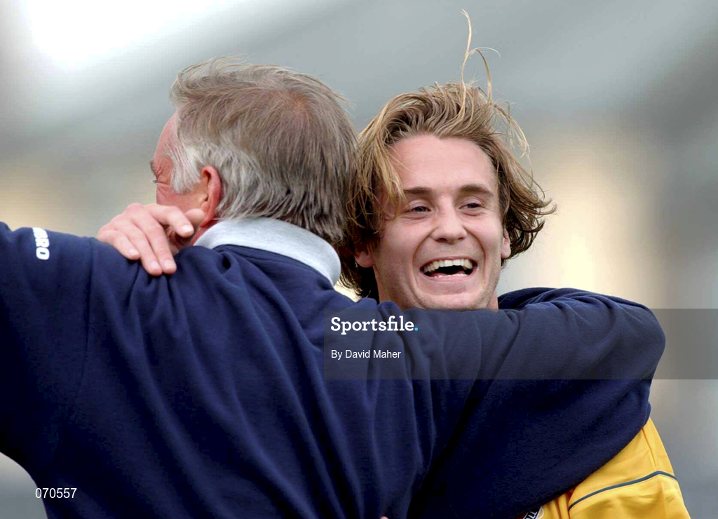 19 August 2001; Kevin Hunt of Bohemians celebrates with his manager Pete Mahon after the eircom League Premier Division match between Cork City and Bohemians at Turner's Cross in Cork. Photo by David Maher/Sportsfile