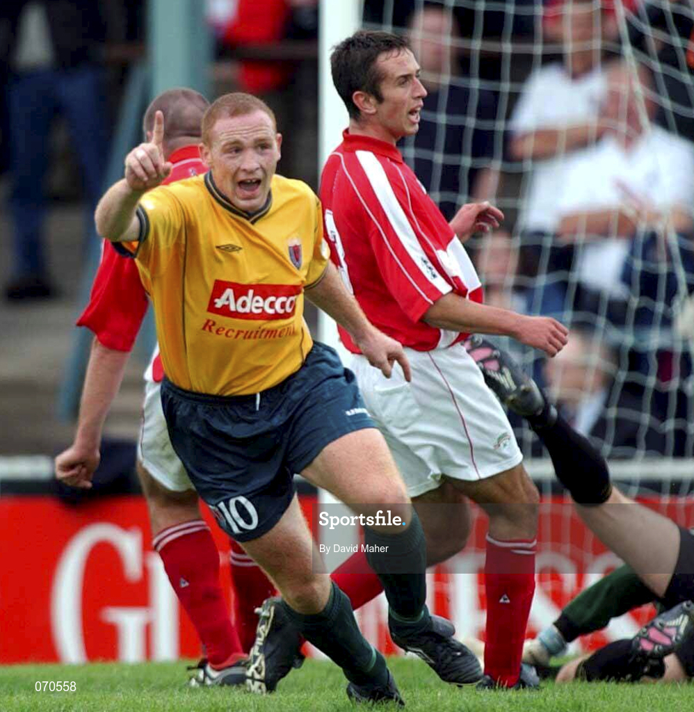 19 August 2001; Glen Crowe of Bohemians celebrates after scoring his side's winning goal during the eircom League Premier Division match between Cork City and Bohemians at Turner's Cross in Cork. Photo by David Maher/Sportsfile