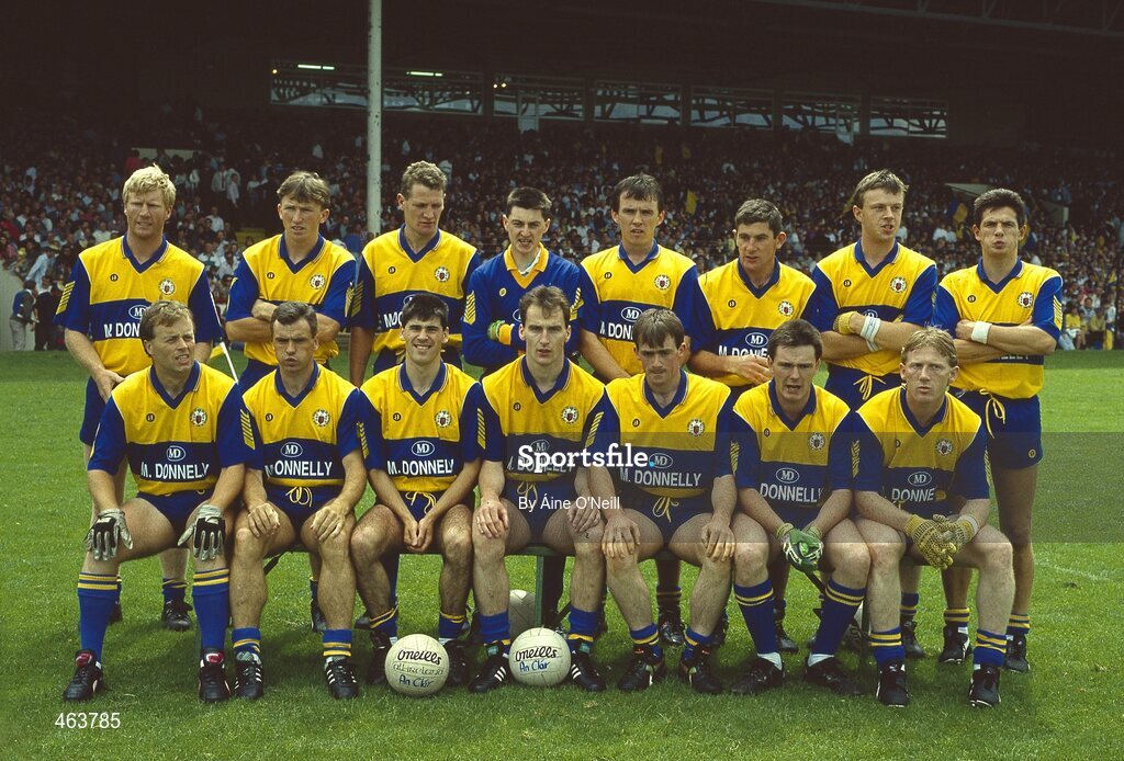 19 July 1992; The Clare team, back, from left, Seamus Clancy, Colm Clancy, Tom Morrisey, James Hanrahan, Aidan Moloney, J. J. Rouine, Gerry Kelly and Gerry Killeen, with, front, from left, Martin Flynn, Noel Roche, Padraig Conway, Francis McInerney, Ciaran O'Mahony, Ciaran O'Neill and Frankie Griffin before the Munster Football Final match between Clare and Kerry at Gaelic Grounds, Limerick. Photo by Áine O'Neill/Sportsfile