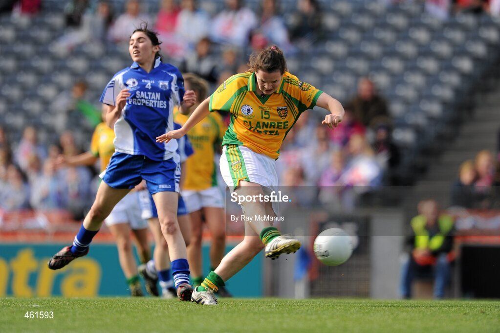 26 September 2010; Geraldine McLoughlin, Donegal, in action against Laurissa Hogan, Waterford. TG4 All-Ireland Intermediate Ladies Football Championship Final, Donegal v Waterford, Croke Park, Dublin. Picture credit: Ray McManus / SPORTSFILE