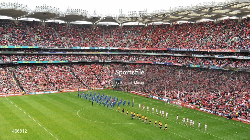 19 September 2010; A general view of the Down and Cork teams as they walk in the pre-match parade in front of the Davin Stand before the game. GAA Football All-Ireland Senior Championship Final, Down v Cork, Croke Park, Dublin. Picture credit: Brendan Moran / SPORTSFILE