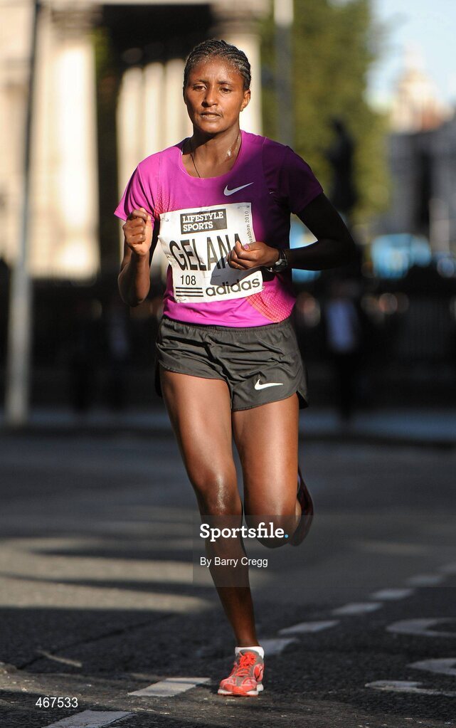 25 October 2010; Tiki Gelana, Ethiopia, in action during the women's race at the Lifestyle Sports - adidas Dublin Marathon 2010. Picture credit: Barry Cregg / SPORTSFILE